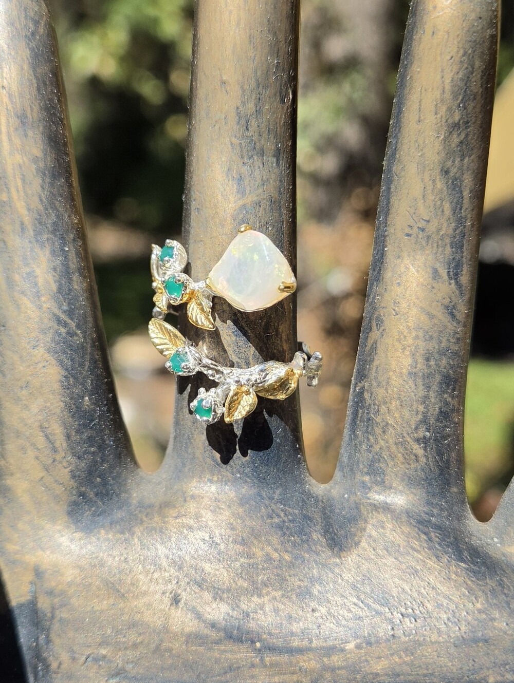 Opal & Green Onyx Leaf Ring Sterling & Gold Sz10 Adjustable - Picture 3 of 8